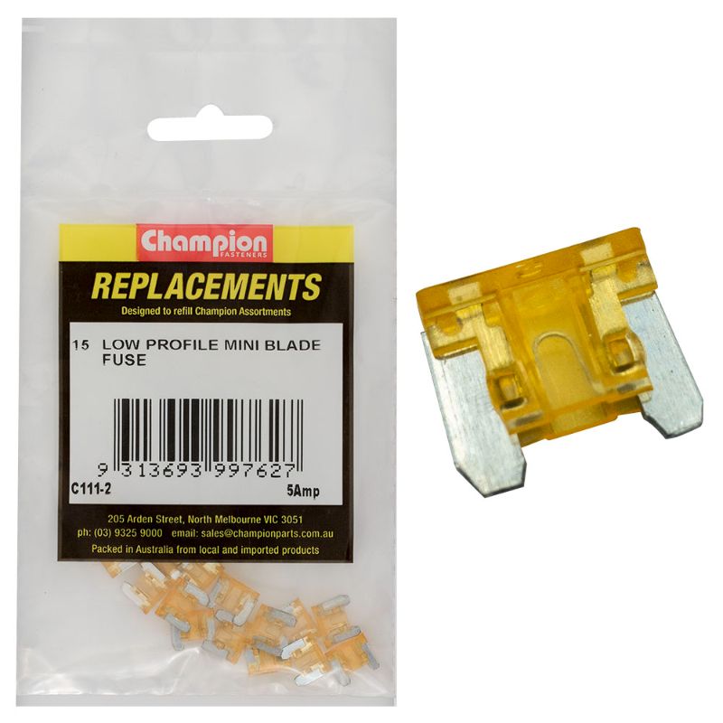 Champion 5Amp low profile mini blade fuses in tan color, 15-pack, ideal for automotive circuit protection and easy installation.