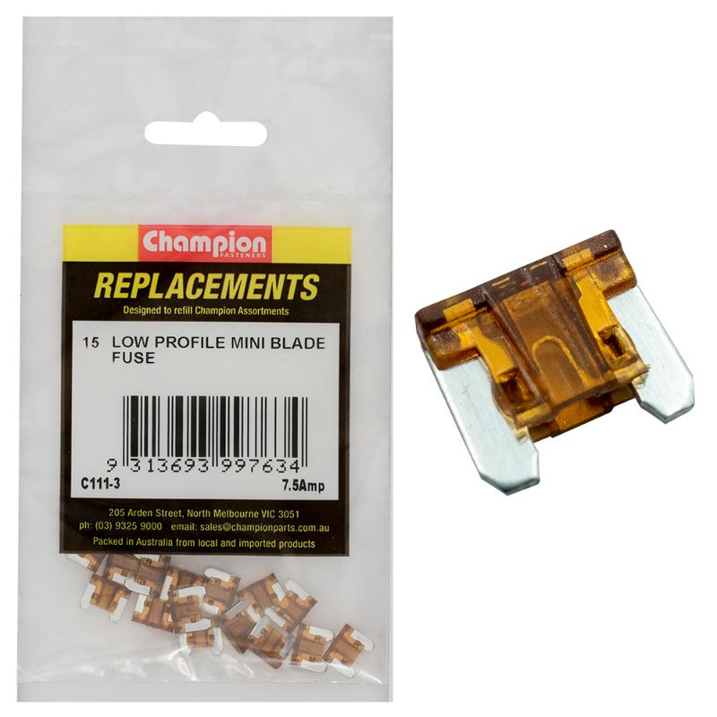 Brown Champion 7.5Amp low profile mini blade fuses, 15-pack, designed for reliable automotive circuit protection.