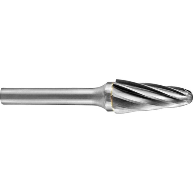 Tapered radius carbide burr for precision shaping on aluminum, steel, and plastic; ideal for deburring and engraving tasks.