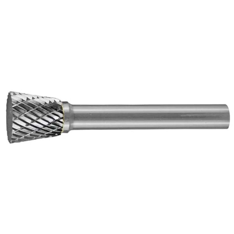 Inverted cone carbide burr for precise material removal, suits metal, wood, or plastic; 1/4" diameter, 2" length, 10° angle.