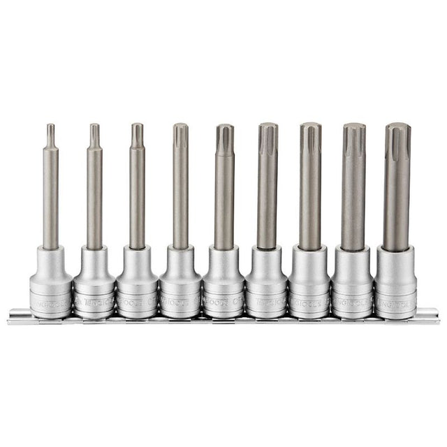 9-piece Teng 1/2in Dr. Long TX Bit Socket Set (TX20-TX60) with 100mm reach, ideal for tight spaces and heavy-duty tasks.