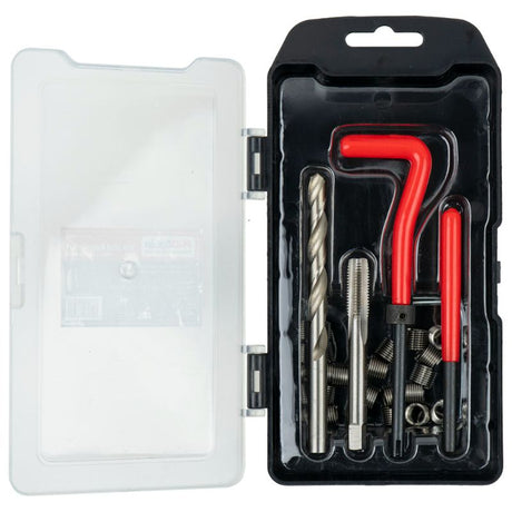 ProEquip 25pc M6 x 1.0 Thread Repair Kit with stainless steel inserts, high-speed drills, taps, and installation tools for durable repairs.