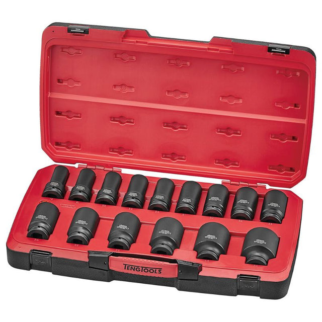 Teng 17pc 3/4in Drive MM Deep Impact Socket Set featuring durable 6-point deep sockets from 19mm to 50mm for heavy-duty use.