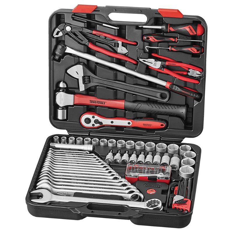 Teng 105pc heavy-duty tool set with 1/2-inch drive sockets, ratchets, screwdrivers, and pliers for versatile vehicle maintenance.
