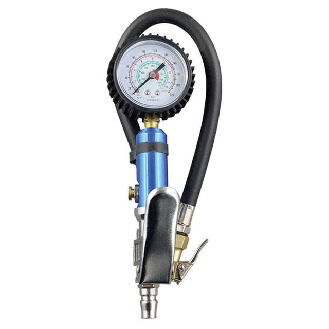 ITM Tyre Inflator Gun with accurate readouts in BAR, PSI, KPA; inflates up to 220 PSI, ideal for cars and bikes.