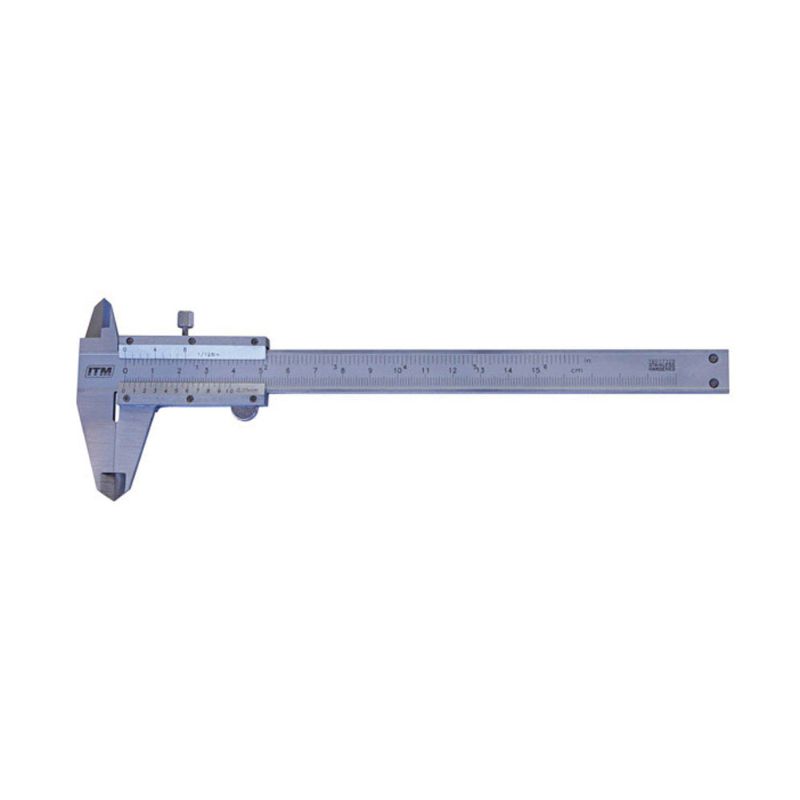 ITM Vernier Caliper in stainless steel, measures 0-150mm, features thumb lock, clear markings, and includes plastic case.