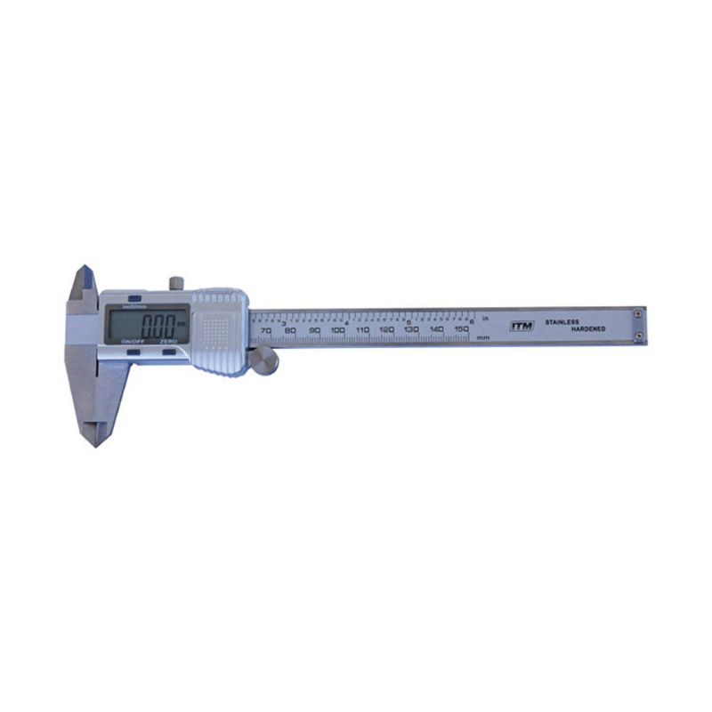 Digital caliper in stainless steel with dual mode LCD for precise measurements up to 150mm, stored in a durable case.