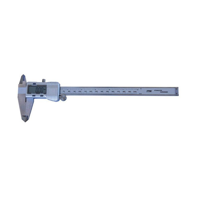 Digital caliper with stainless steel construction, dual LCD display, precise measurements up to 200mm, includes case.