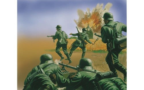 Detailed 1:72 scale WWII German Infantry figures, including officers and grenade throwers, ideal for D-Day dioramas.