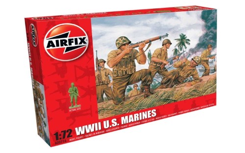 WWII U.S. Marines 1:72 figures set featuring 46 action-packed Marines with weapons and inflatable boat.