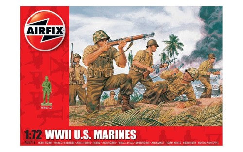 WWII U.S. Marine action figures set with bazookas, flame throwers, and inflatable assault boat, 1:72 scale.