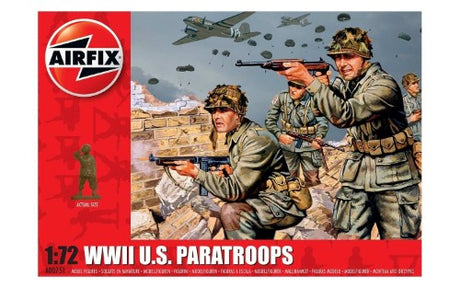 Detailed 1:72 scale model kit featuring 48 U.S. paratrooper figures, ideal for historical dioramas and creative assembly.