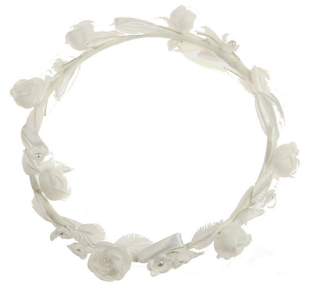 Elegant white floral circlet headpiece with crystals, perfect for modern brides on their special day.
