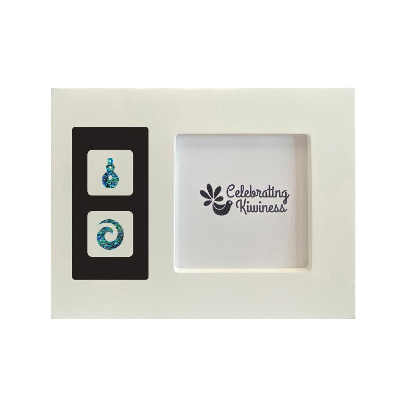 Photo Frame White 4 x 4 with 2 Hole Acrylic Window and Paua Koru & Twist