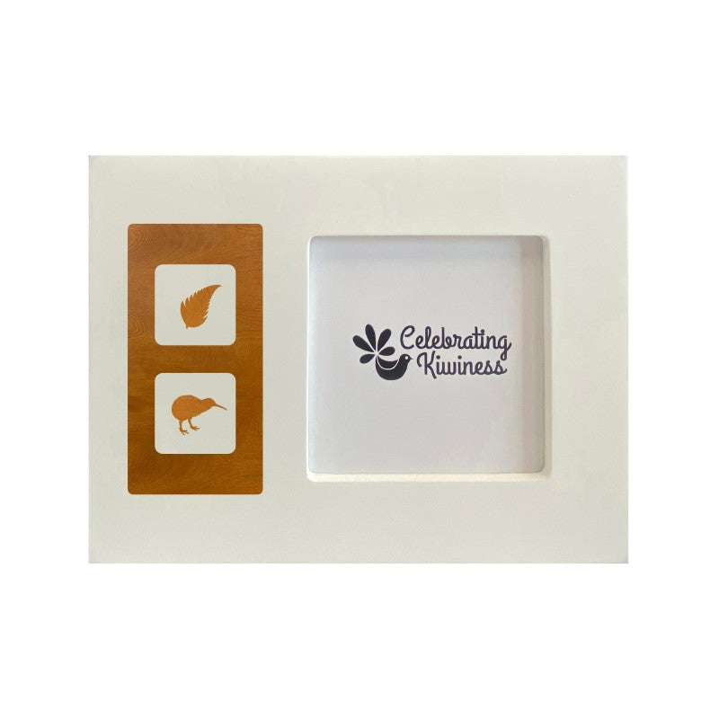 Photo Frame White 4 x 4 with 2 Hole Rimu Veneer Window  -Fern & Kiwi