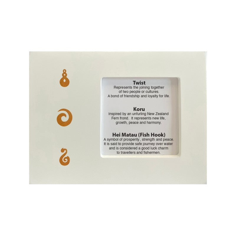 Photo Frame White 4 x 4 with Rimu Veneer Trio: Fish Hook, Koru & Twist