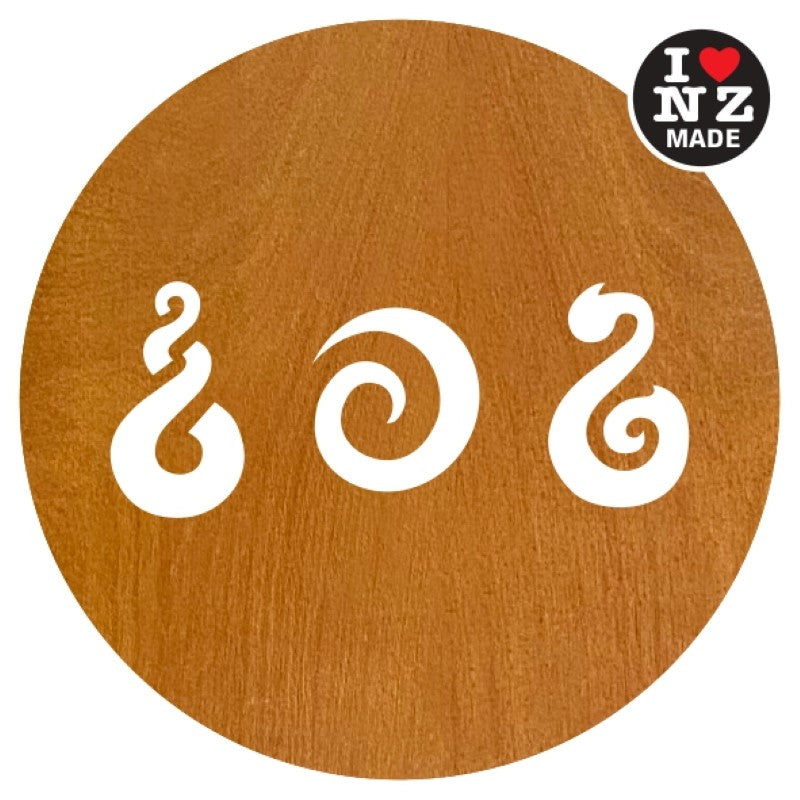 Set of 4 Laser Cut Rimu Veneer Coasters with Twist, Koru, Hook