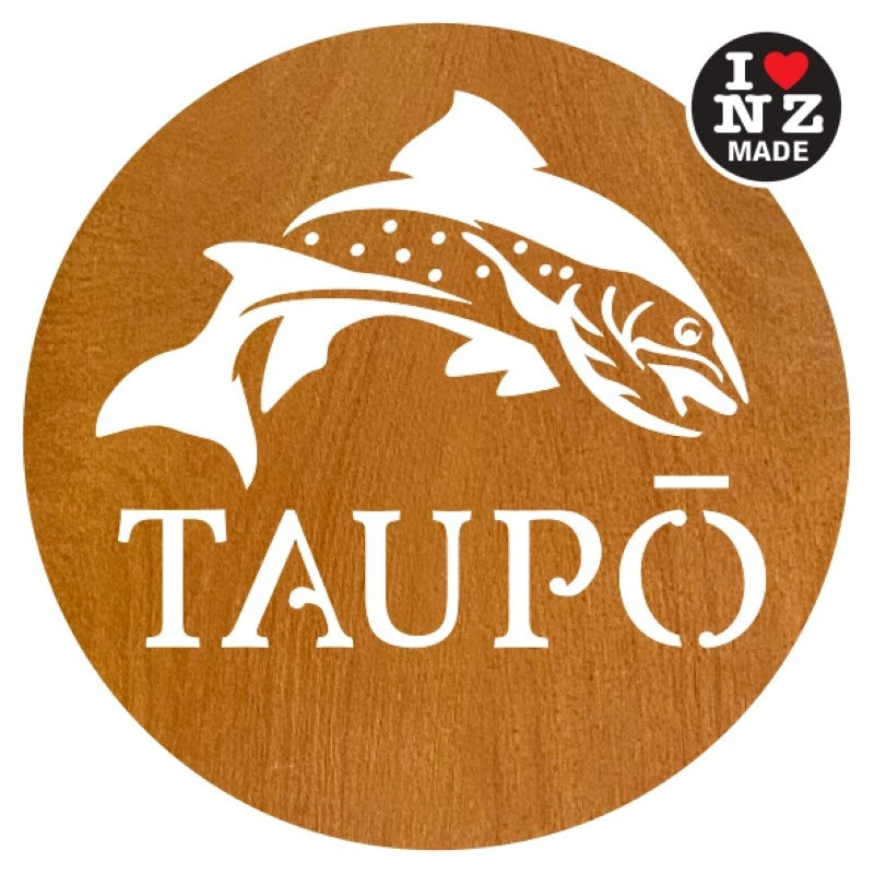 Set of 4 Laser Cut Rimu Veneer Coasters with Trout and Custom Town