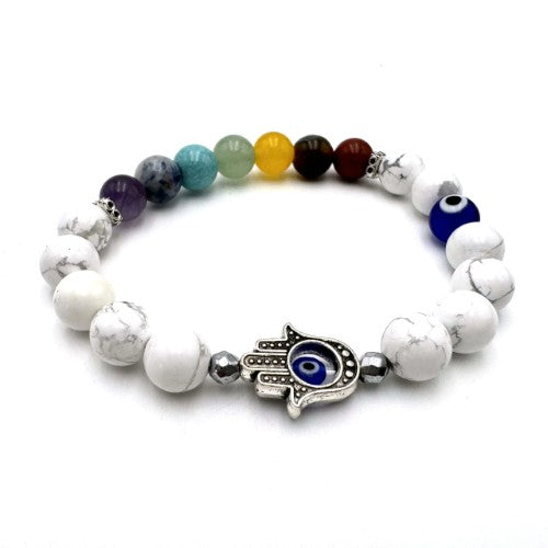 Bracelet - Hamsa Evil Eye White Howlite with Chakra Stones