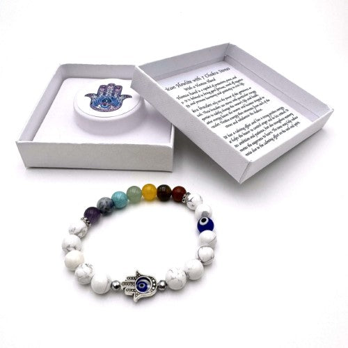 Bracelet - Hamsa Evil Eye White Howlite with Chakra Stones