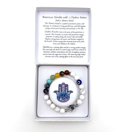 Bracelet - Hamsa Evil Eye White Howlite with Chakra Stones
