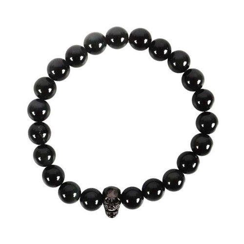 Bracelet - Skull Black Obsidian And Stainless Steel