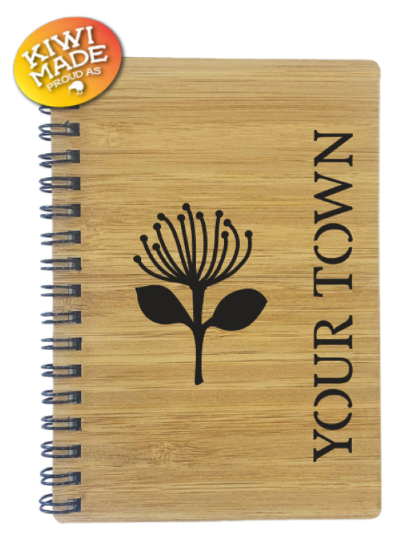 Bamboo Notebook Laser Cut with Pohutukawa and Custom Town