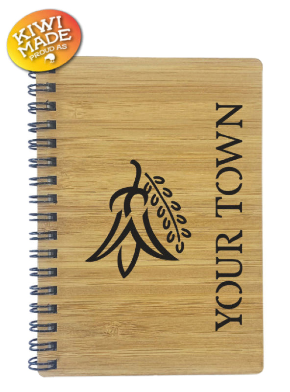 Bamboo Notebook Laser Cut with Kowhai and Custom Town