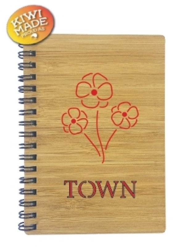 Bamboo Notebook Laser Cut with Poppy Bunch and Custom Town