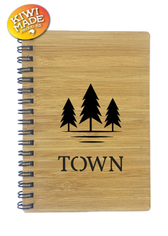 Bamboo Notebook Laser Cut with Pine Trees and Custom Town