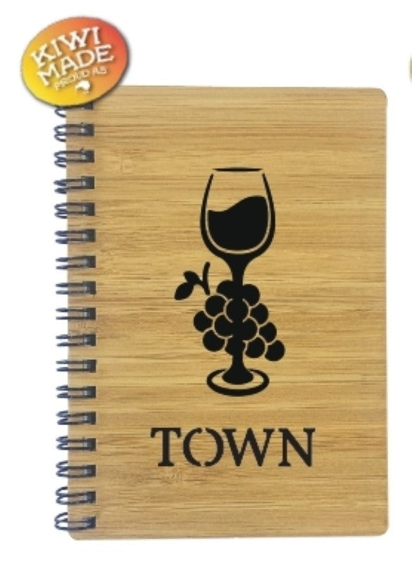 Bamboo Notebook Laser Cut with Wine Glass & Grapes and Custom Town