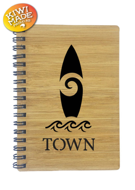 Bamboo Notebook Laser Cut with Surfboard and Custom Town