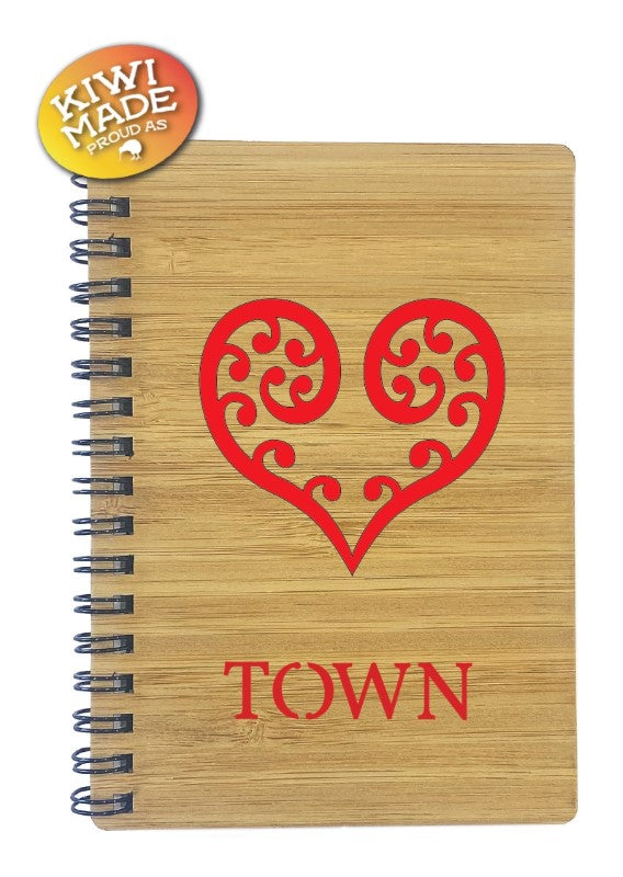 Bamboo Notebook Laser Cut with Koru Heart and Custom Town