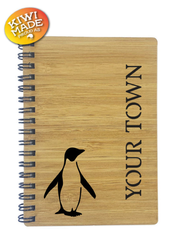 Bamboo Notebook Laser Cut with Penguin and Custom Town