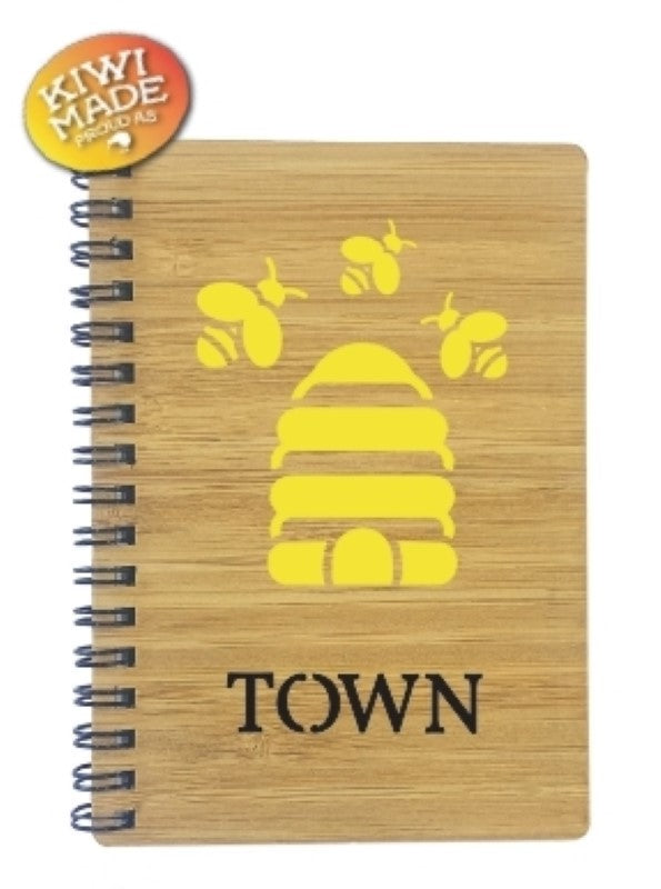 Bamboo Notebook Laser Cut with Hive & Bees and Custom Town