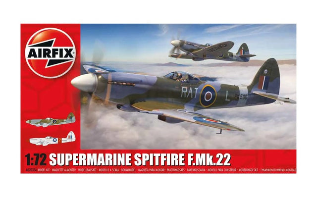 Airfix A02033A model kit of the Supermarine Spitfire F.Mk.22, showcasing detailed design and Griffon engine features.