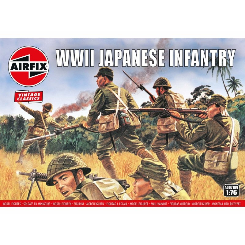 Detailed 1/76 scale WWII Japanese Infantry model set featuring soldiers, officers, and diverse weaponry for collectors and builders.