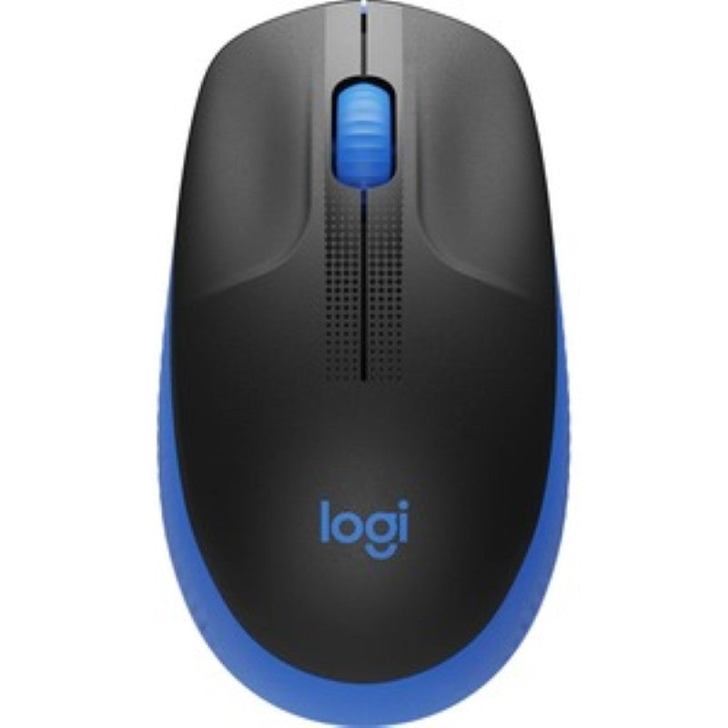 Logitech M190 wireless mouse, contoured design for comfort, 10m range, 18-month battery life, precision tracking, and 3 buttons.