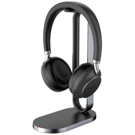 Yealink BH76 DUAL Black headset with retractable mic, ANC, and charging stand for clear calls and music on-the-go.