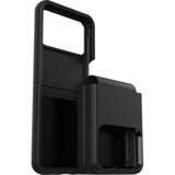 Black OtterBox Symmetry Series Flex case for Samsung Galaxy Z Flip4, offering drop protection and antimicrobial features.