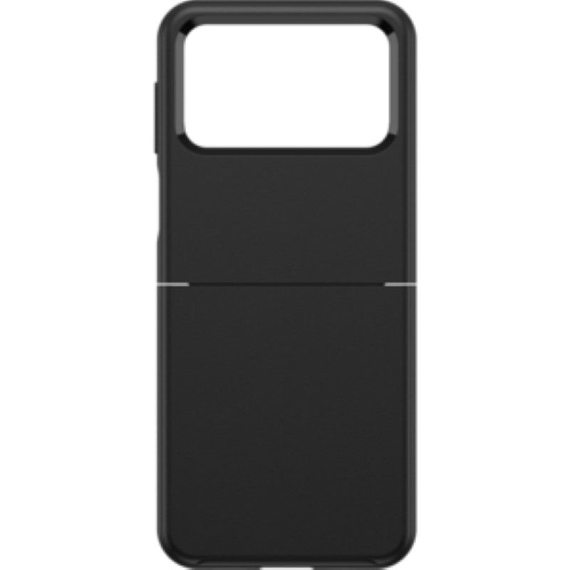 Sleek black OtterBox case for Galaxy Z Flip4, offers drop resistance and antimicrobial protection while highlighting the device's design.