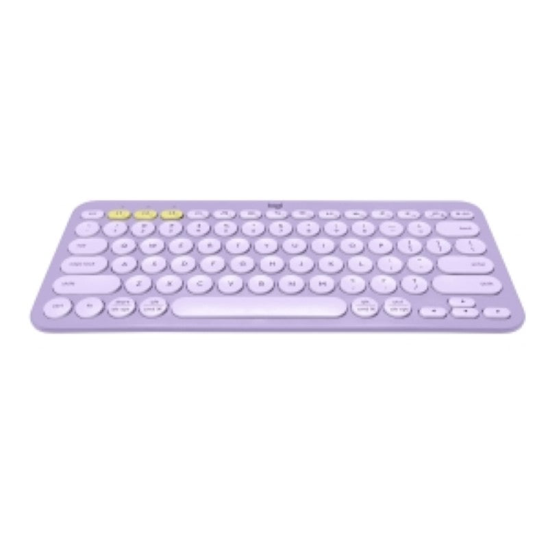 Logitech K380 Bluetooth Keyboard in Lavender Lemonade, ultra-thin, multi-device connectivity for seamless typing on any device.