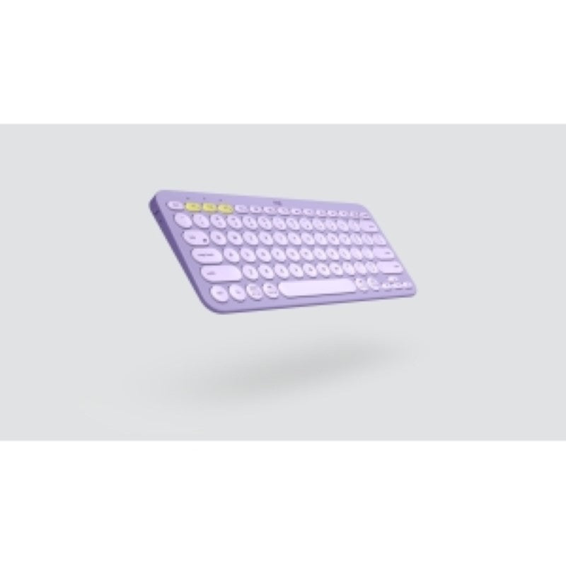 Logitech K380 Multi-Device Bluetooth Keyboard in Lavender Lemonade, designed for seamless connectivity across devices.