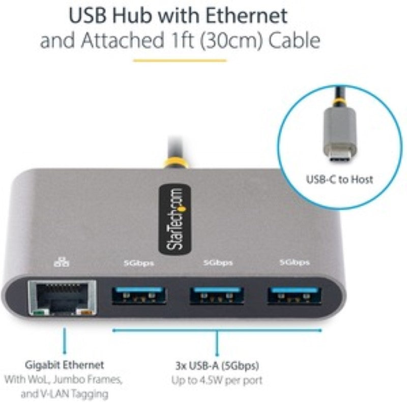USB/Ethernet Combo Hub - USB 3.2 (Gen 1) Type C - Portable - 3 USB Port(s) - 1
