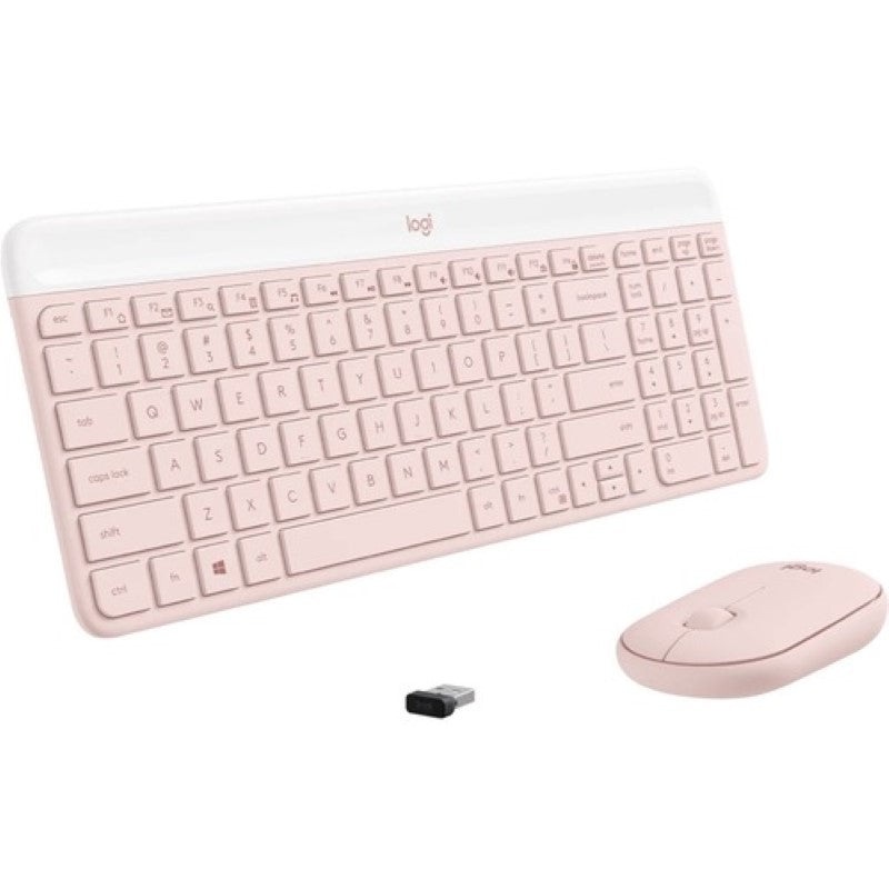 Logitech MK470 Slim Wireless Combo in rose color, featuring a sleek design, quiet keys, and wireless convenience.