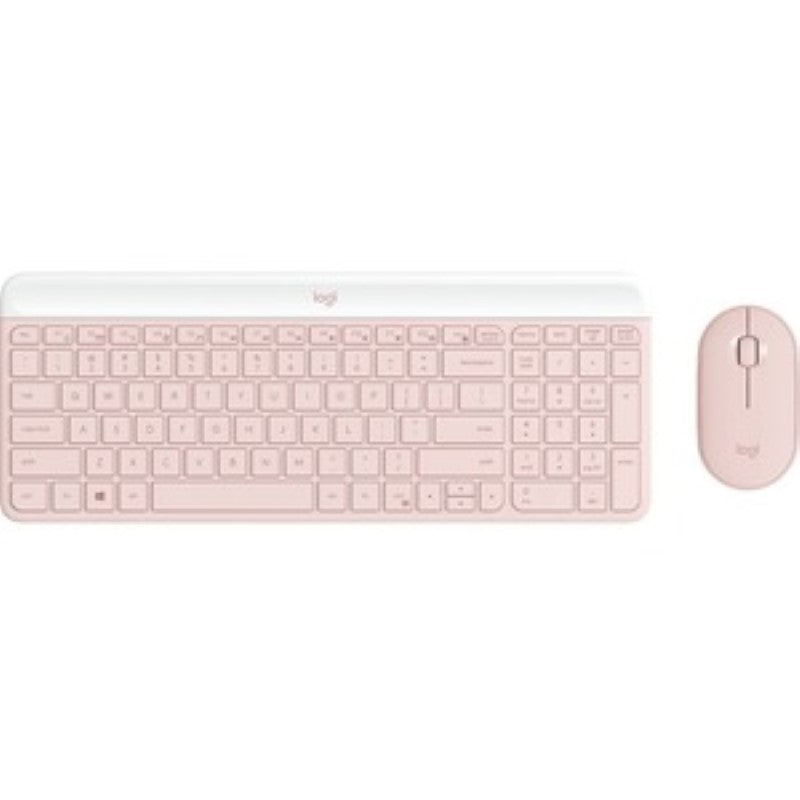 Logitech MK470 Slim Wireless Combo in rose color, featuring a sleek design, quiet keys, and ergonomic wireless functionality.