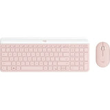 Logitech MK470 Slim Wireless Combo in rose color, featuring a sleek design, quiet keys, and ergonomic wireless functionality.