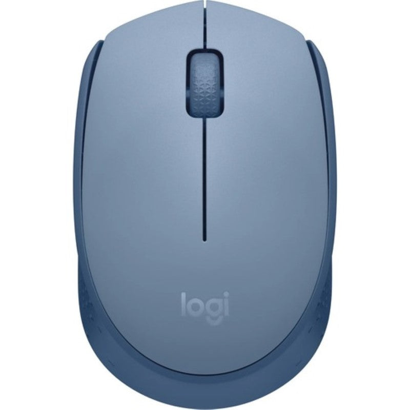 Sleek Logitech M171 Wireless Mouse with optical tracking, ambidextrous design, and 10m wireless range in blue-grey color.