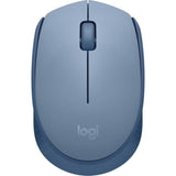 Sleek Logitech M171 Wireless Mouse with optical tracking, ambidextrous design, and 10m wireless range in blue-grey color.