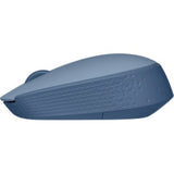 Logitech M171 Wireless Mouse in blue grey, featuring ambidextrous design, 1000 DPI optical tracking, and USB plug-and-play functionality.